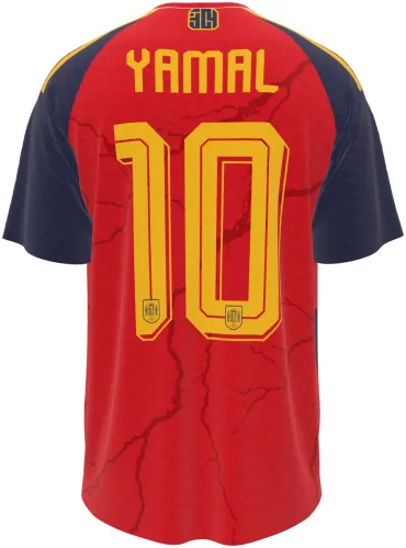 Camisa conceito Espanha Yamal 2026 vermelha com ilustração do jogador, frente e costas