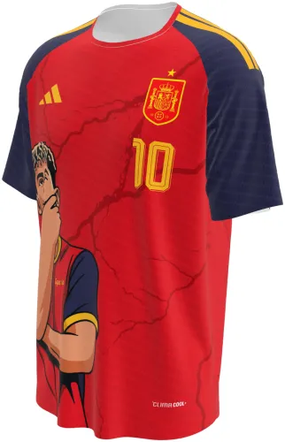 Camisa conceito Espanha Yamal 2026 vermelha com ilustração do jogador, frente e costas