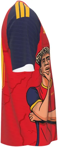 Camisa conceito Espanha Yamal 2026 vermelha com ilustração do jogador, frente e costas