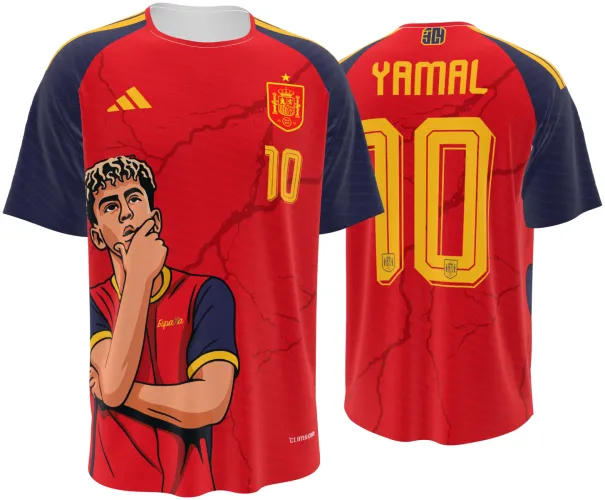 Camisa conceito Espanha Yamal 2026 vermelha com ilustração do jogador, frente e costas
