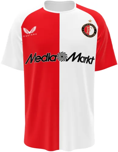 Camisa titular do Feyenoord 2026 - 2027 metade vermelha e metade branca, frente e costas