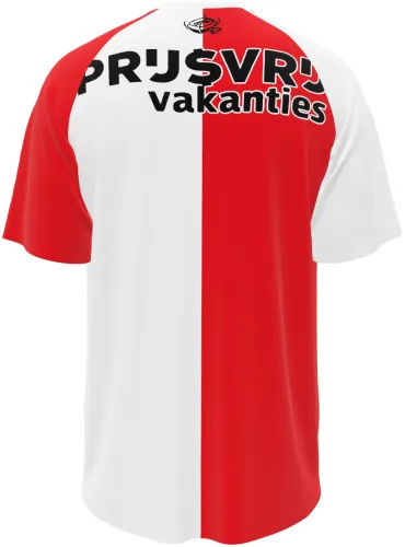Camisa titular do Feyenoord 2026 - 2027 metade vermelha e metade branca, frente e costas