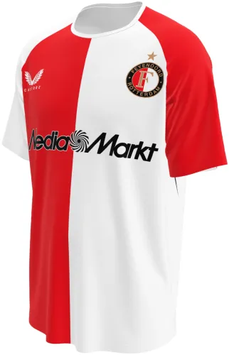 Camisa titular do Feyenoord 2026 - 2027 metade vermelha e metade branca, frente e costas