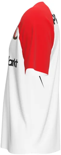 Camisa titular do Feyenoord 2026 - 2027 metade vermelha e metade branca, frente e costas