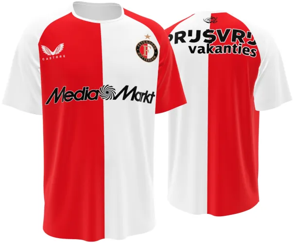 Camisa titular do Feyenoord 2026 - 2027 metade vermelha e metade branca, frente e costas