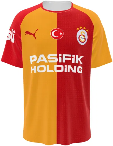 Camisa titular do Galatasaray 2026 - 2027 metade laranja e metade vermelha, frente e costas