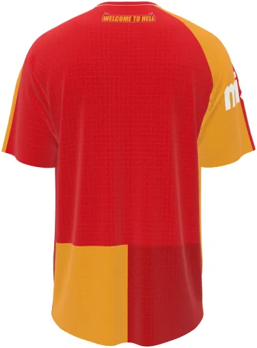 Camisa titular do Galatasaray 2026 - 2027 metade laranja e metade vermelha, frente e costas
