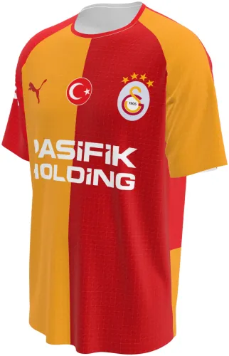 Camisa titular do Galatasaray 2026 - 2027 metade laranja e metade vermelha, frente e costas