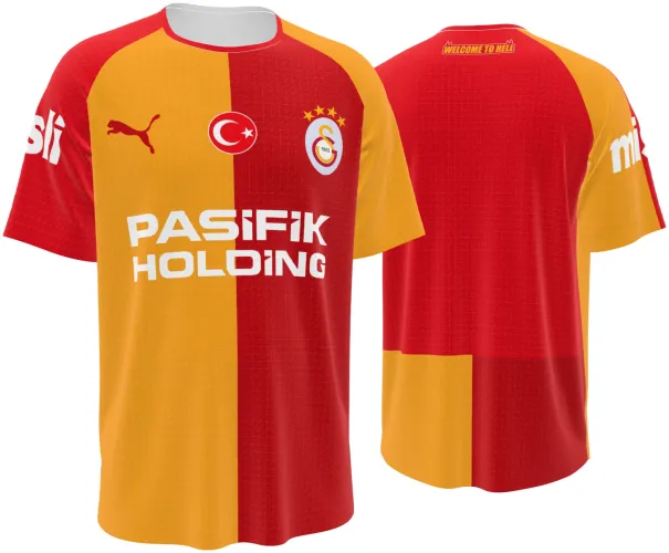 Camisa titular do Galatasaray 2026 - 2027 metade laranja e metade vermelha, frente e costas