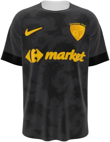 Camisa terceiro uniforme do Grenoble F38 2026 - 2027 preta com ornamento barroco e dourado, frente e costas