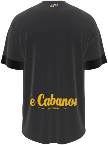 Camisa terceiro uniforme do Grenoble F38 2026 - 2027 preta com ornamento barroco e dourado, frente e costas