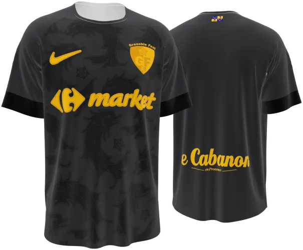 Camisa terceiro uniforme do Grenoble F38 2026 - 2027 preta com ornamento barroco e dourado, frente e costas