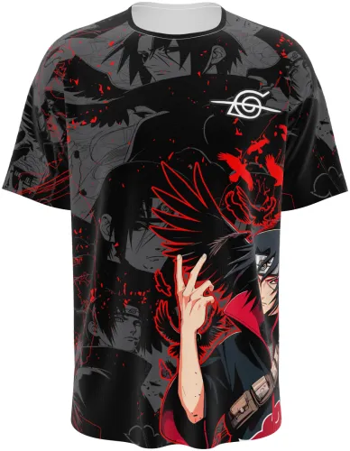 Camisa de interclasse Itachi Uchiha 2026 preta e cinza com corvos vermelhos, frente e costas