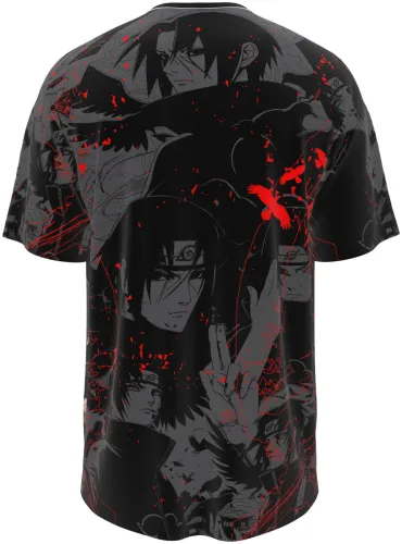 Camisa de interclasse Itachi Uchiha 2026 preta e cinza com corvos vermelhos, frente e costas