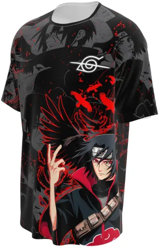 Camisa de interclasse Itachi Uchiha 2026 preta e cinza com corvos vermelhos, frente e costas