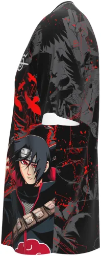 Camisa de interclasse Itachi Uchiha 2026 preta e cinza com corvos vermelhos, frente e costas