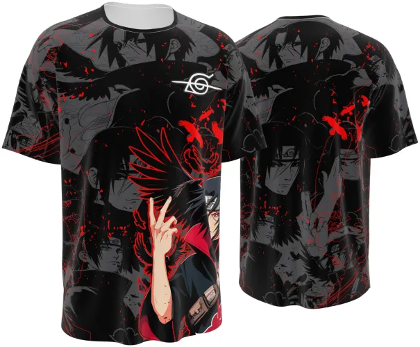 Camisa de interclasse Itachi Uchiha 2026 preta e cinza com corvos vermelhos, frente e costas
