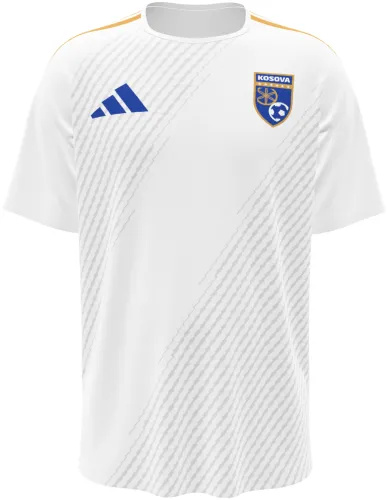 Camisa visitante do Kosovo 2026 branca com faixas diagonais pontilhadas, frente e costas