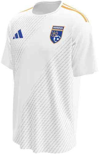Camisa visitante do Kosovo 2026 branca com faixas diagonais pontilhadas, frente e costas