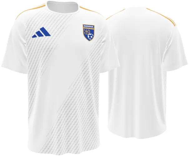 Camisa visitante do Kosovo 2026 branca com faixas diagonais pontilhadas, frente e costas