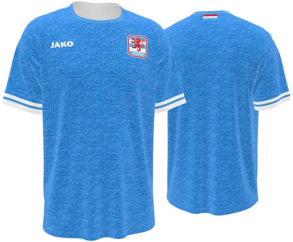 Camisa visitante de Luxemburgo 2026 - 2027 azul-claro com volutas tom sobre tom, frente e costas
