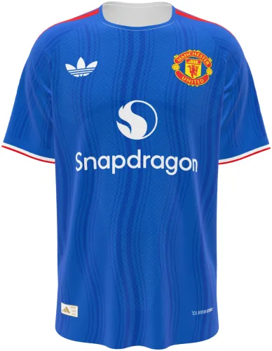 Camisa visitante do Manchester United 2026 - 2027 azul com ondas tom sobre tom, frente e costas