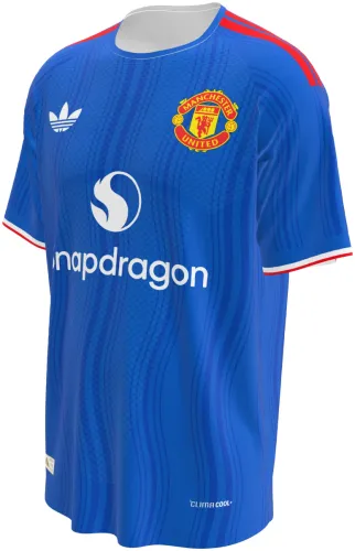 Camisa visitante do Manchester United 2026 - 2027 azul com ondas tom sobre tom, frente e costas