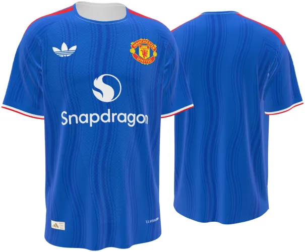 Camisa visitante do Manchester United 2026 - 2027 azul com ondas tom sobre tom, frente e costas