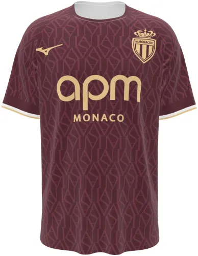 Camisa visitante do Monaco 2026 - 2027 bordô com padrão tom sobre tom e escudo dourado, frente e costas
