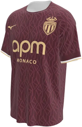 Camisa visitante do Monaco 2026 - 2027 bordô com padrão tom sobre tom e escudo dourado, frente e costas