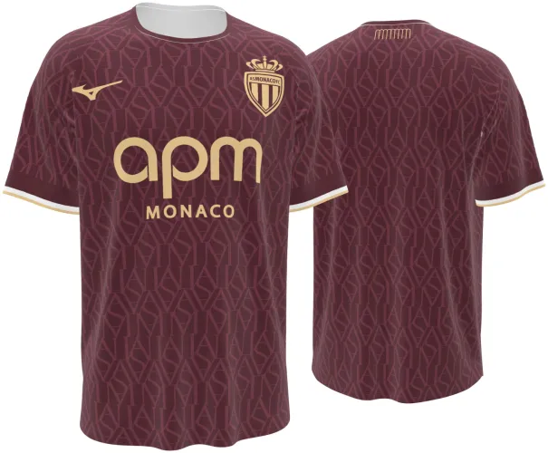 Camisa visitante do Monaco 2026 - 2027 bordô com padrão tom sobre tom e escudo dourado, frente e costas