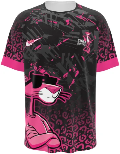 Camisa de interclasse Pantera Cor-de-Rosa 2026 preta e rosa com o personagem, frente e costas
