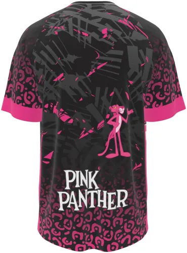 Camisa de interclasse Pantera Cor-de-Rosa 2026 preta e rosa com o personagem, frente e costas
