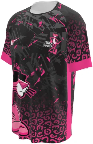 Camisa de interclasse Pantera Cor-de-Rosa 2026 preta e rosa com o personagem, frente e costas