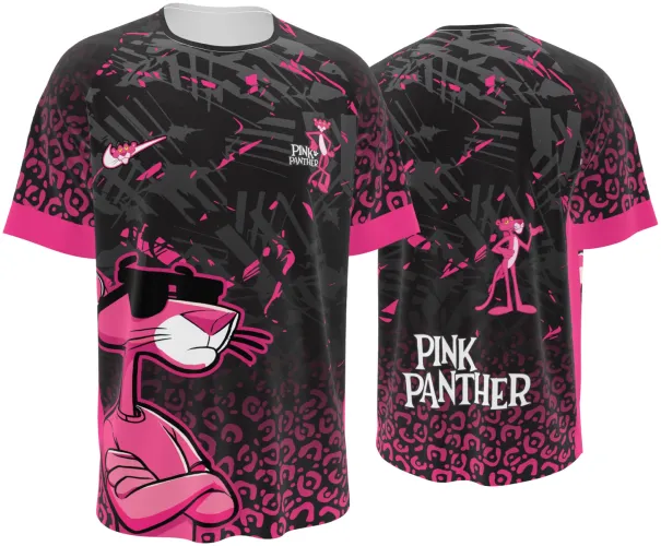 Camisa de interclasse Pantera Cor-de-Rosa 2026 preta e rosa com o personagem, frente e costas