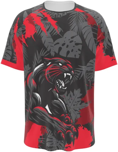 Camisa de interclasse Pantera 2026 preta e vermelha com pantera negra e garras, frente e costas