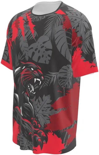 Camisa de interclasse Pantera 2026 preta e vermelha com pantera negra e garras, frente e costas