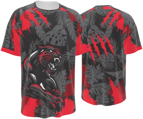 Camisa de interclasse Pantera 2026 preta e vermelha com pantera negra e garras, frente e costas