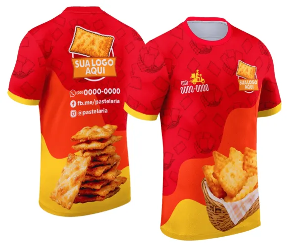Camisa com logo no peito e estampa grande nas costas que celebra o estilo clássico do pastel de feira, com cores vibrantes que destacam a tradição e o aconchego das feiras populares.