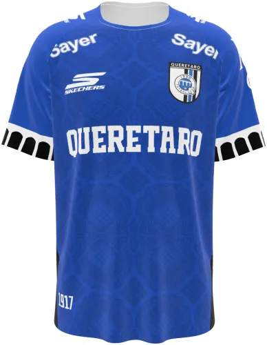 Camisa titular do Querétaro 2026 - 2027 azul com padrão de azulejo, frente e costas
