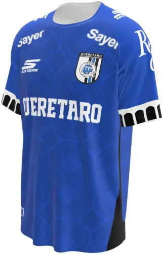 Camisa titular do Querétaro 2026 - 2027 azul com padrão de azulejo, frente e costas