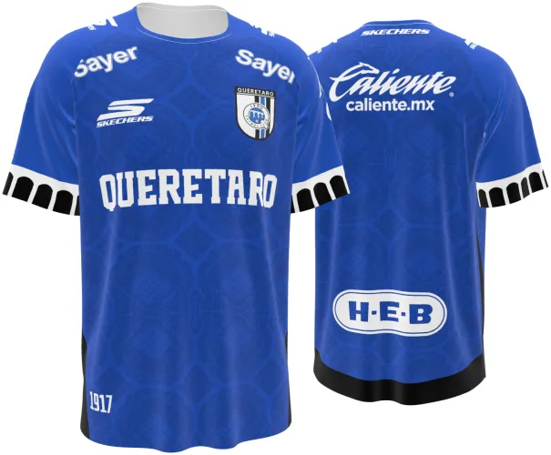 Camisa titular do Querétaro 2026 - 2027 azul com padrão de azulejo, frente e costas