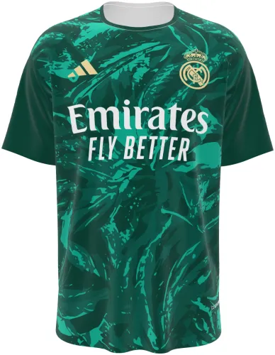 Camisa conceito do Real Madrid 2026 verde com folhagem pintada, frente e costas