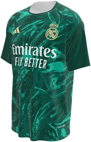 Camisa conceito do Real Madrid 2026 verde com folhagem pintada, frente e costas