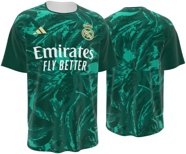Camisa conceito do Real Madrid 2026 verde com folhagem pintada, frente e costas