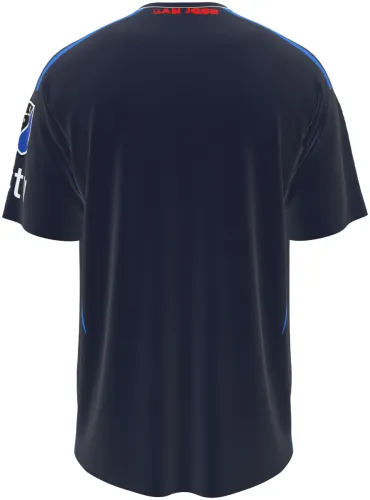 Camisa titular do San Jose Earthquakes 2026 azul com colagem de recortes de jornal, frente e costas