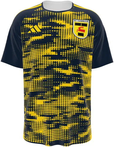 Camisa de pré-jogo do SC Cambuur 2026 - 2027 azul-marinho com manchas amarelas em pontos, frente e costas