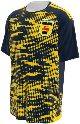 Camisa de pré-jogo do SC Cambuur 2026 - 2027 azul-marinho com manchas amarelas em pontos, frente e costas