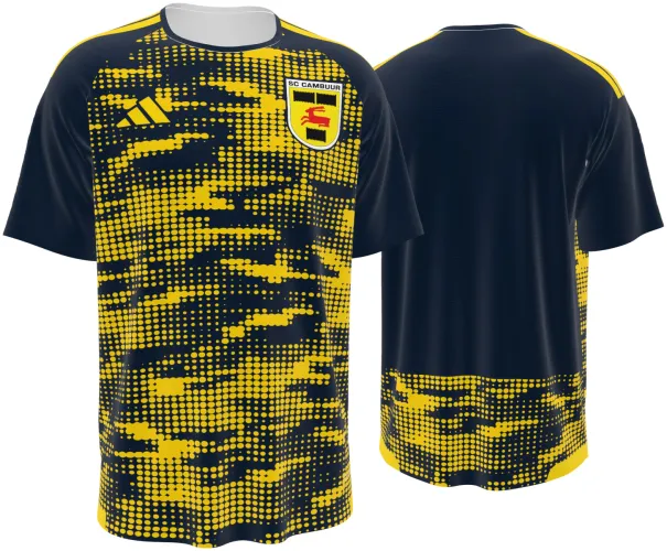 Camisa de pré-jogo do SC Cambuur 2026 - 2027 azul-marinho com manchas amarelas em pontos, frente e costas