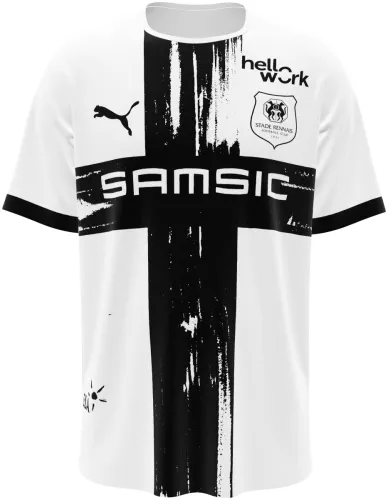 Camisa visitante do Stade Rennais 2026 - 2027 branca com uma cruz preta pintada, frente e costas